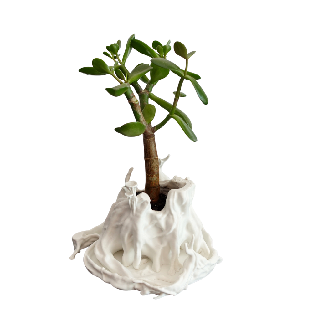 A small planter in the shape of a tree trunk